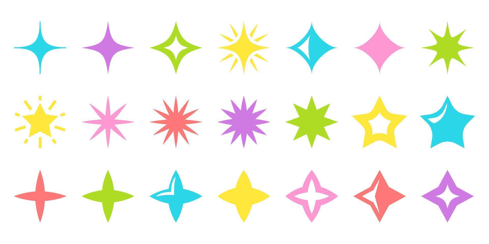 Color neon stars and sparkles icon set isolated on white background vector