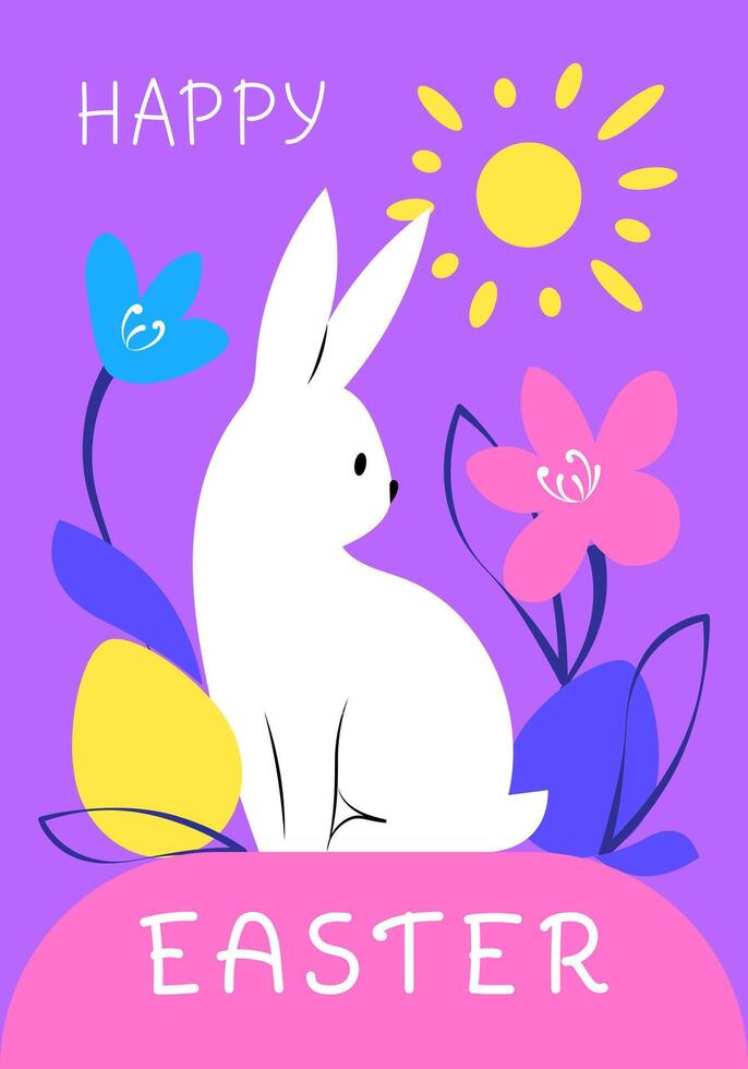 Happy Easter greeting card with white rabbit, eggs and flowers on lilac background. Bright modern vector illustration