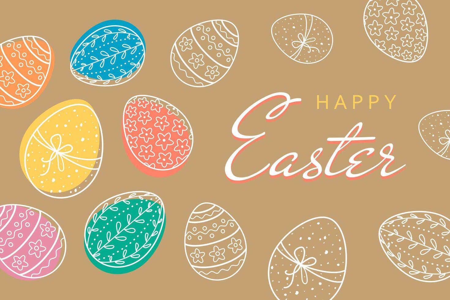 Happy Easter banner with hand drawn colored Easter eggs isolated on brown background vector