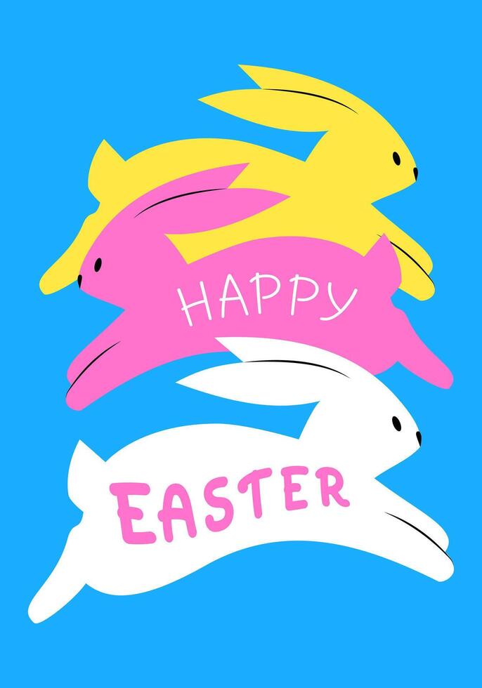 Happy Easter greeting card with running rabbits on blue background. Bright modern vector illustration