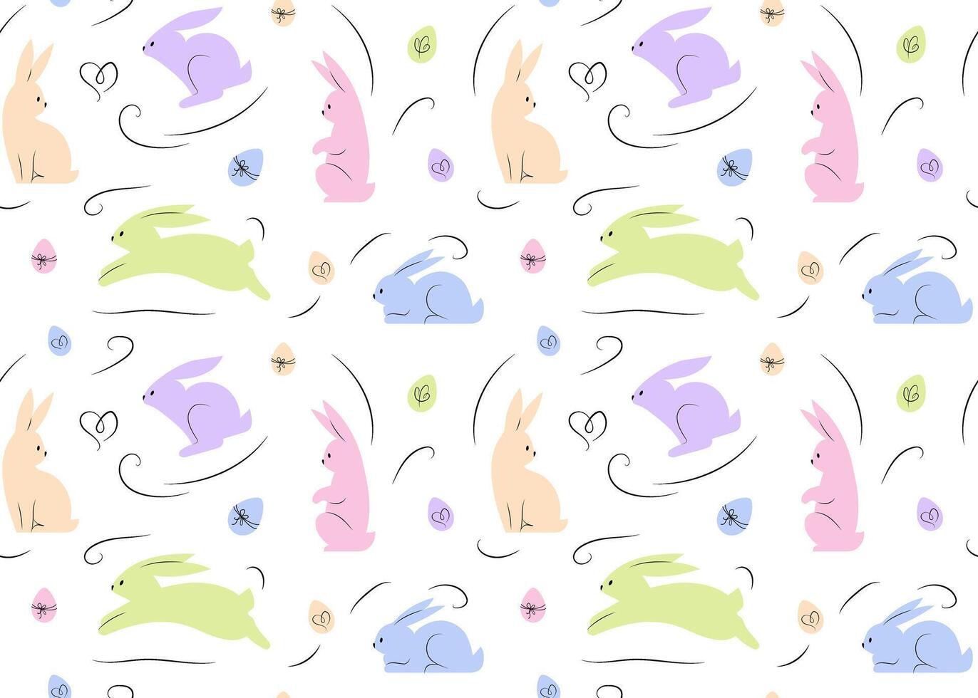Cute hand drawn Easter seamless pattern with bunnies and easter eggs, isolated on white background, vector