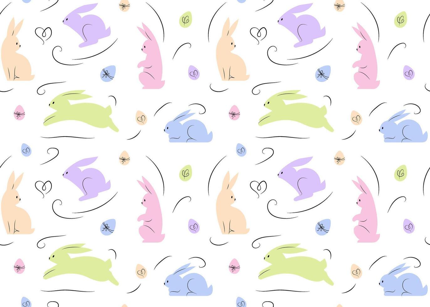 Cute hand drawn Easter seamless pattern with bunnies and easter eggs, isolated on white background, vector