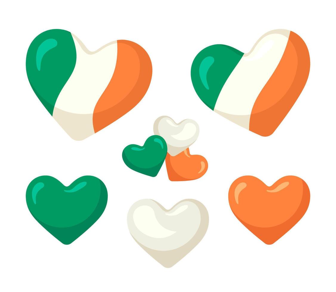 Irish heart icons set. Heart shaped national flag of Ireland. vector