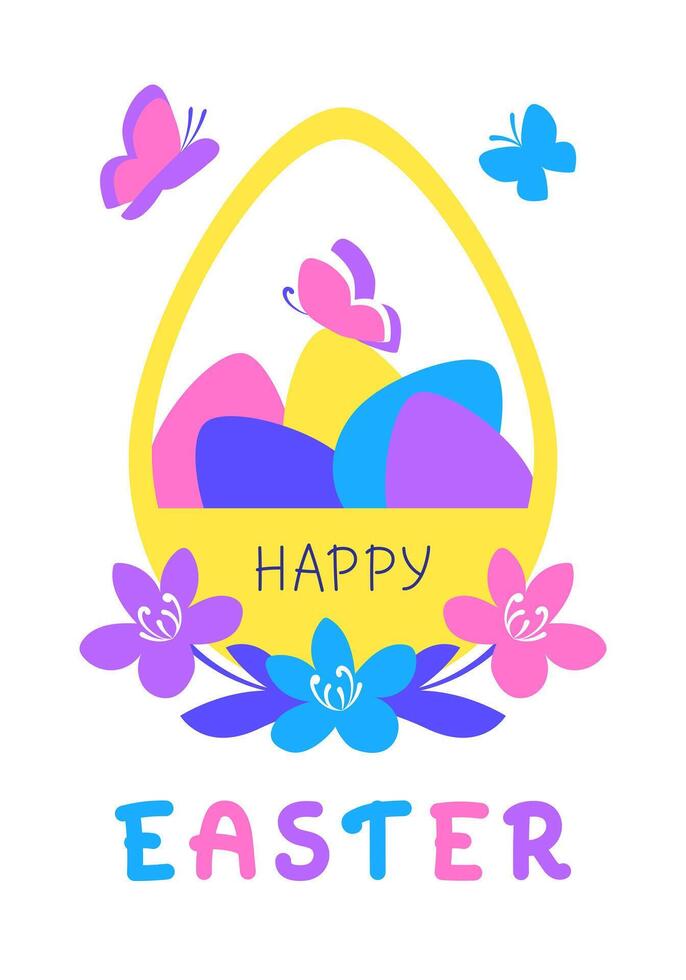 Happy Easter greeting card with basket full of eggs, with flowers and butterflies on white background. vector