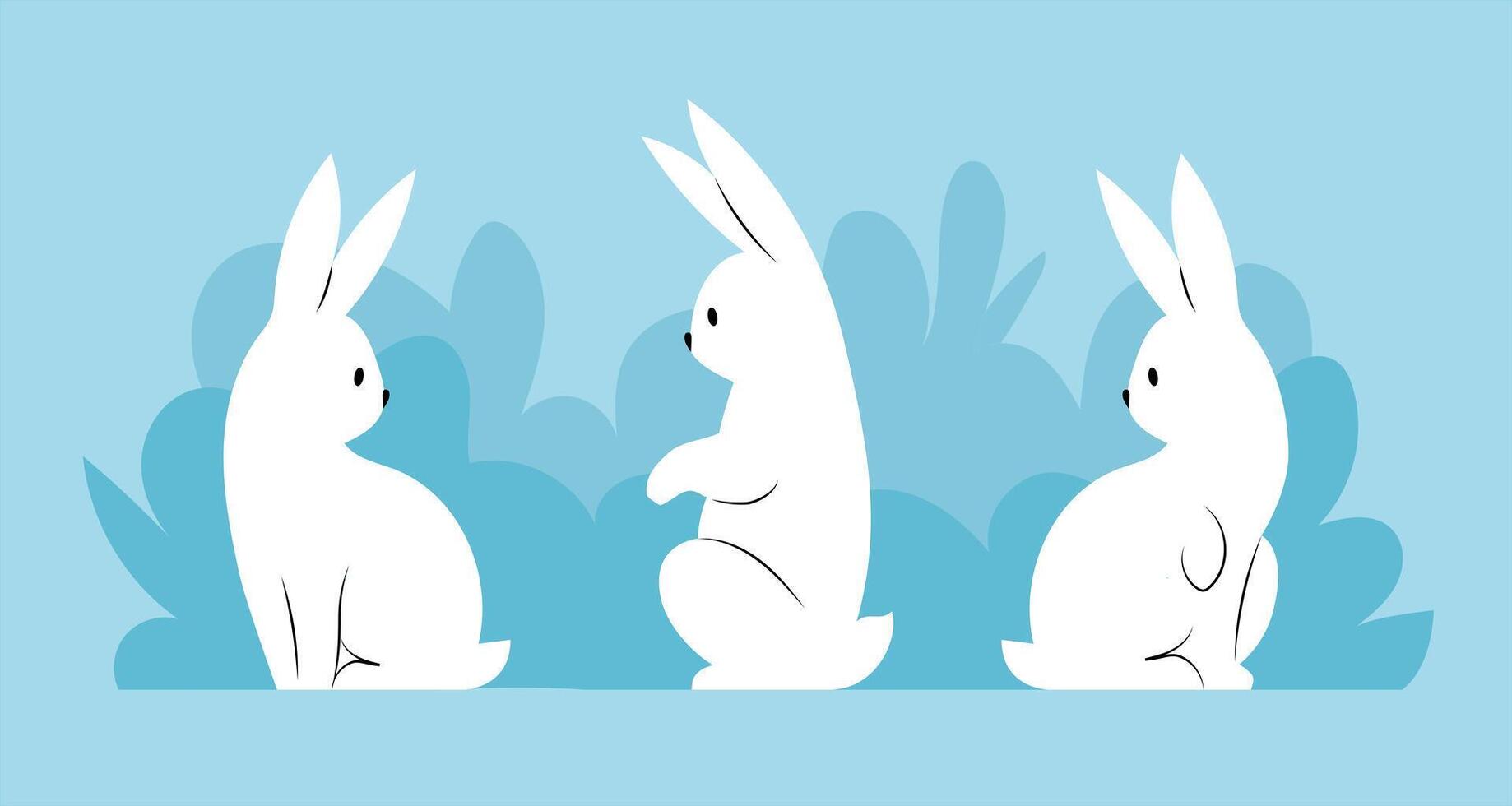 Easter bunny set. White rabbits in different poses on blue background. vector