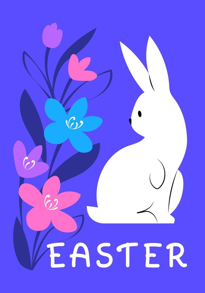 Happy Easter poster with white rabbit and flowers on blue background. Modern minimalist design template vector