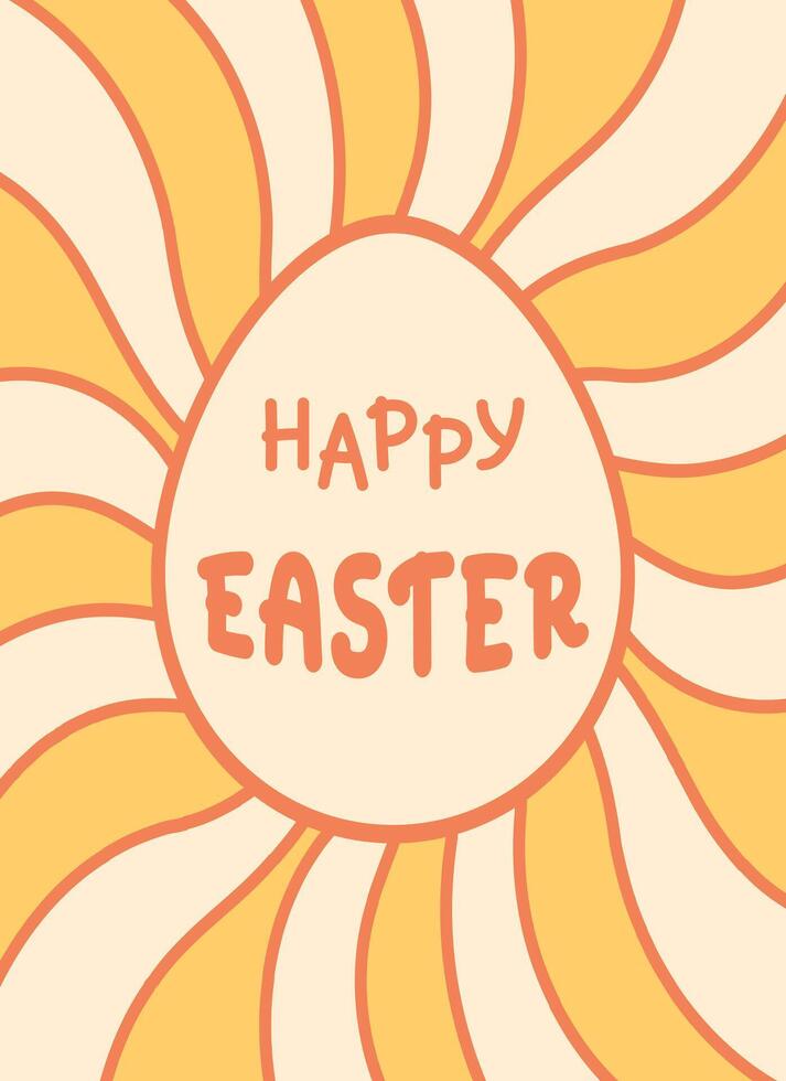 Happy Easter greeting card with groovy background. Easter Egg shaped frame in retro style vector