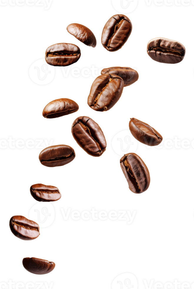 AI generated Roasted coffee beans falling with dynamic motion on transparent background - stock png. png
