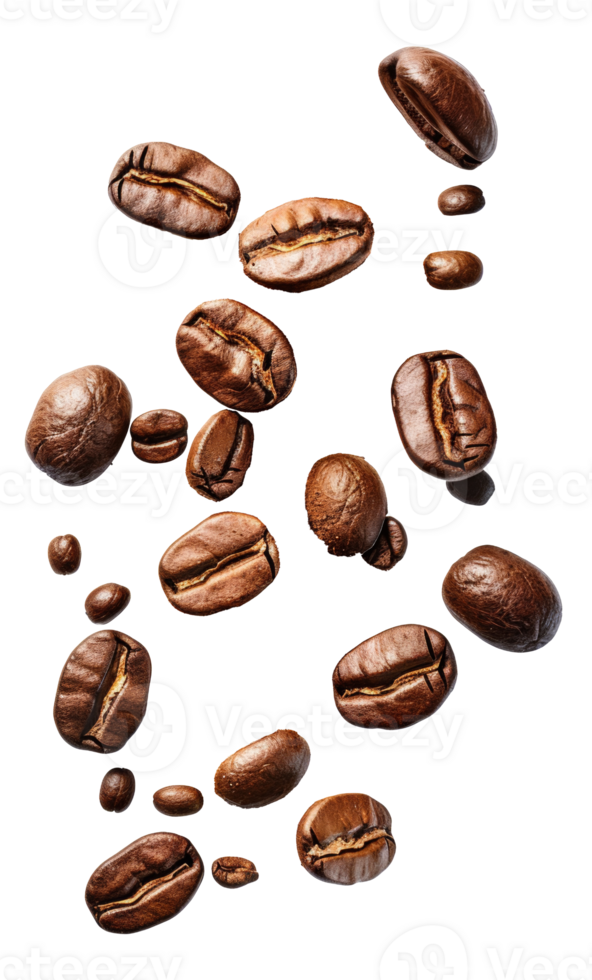 AI generated Roasted coffee beans falling with dynamic motion on transparent background - stock png. png