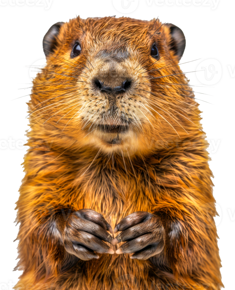 AI generated Curious beaver looking forward with paws together on transparent background - stock png. png