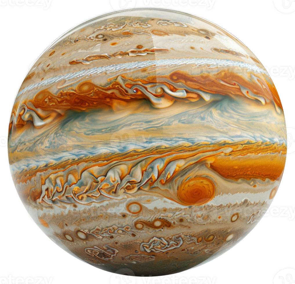 AI generated High-resolution image of planet Jupiter with swirling storms and red spot on transparent background - stock png. png