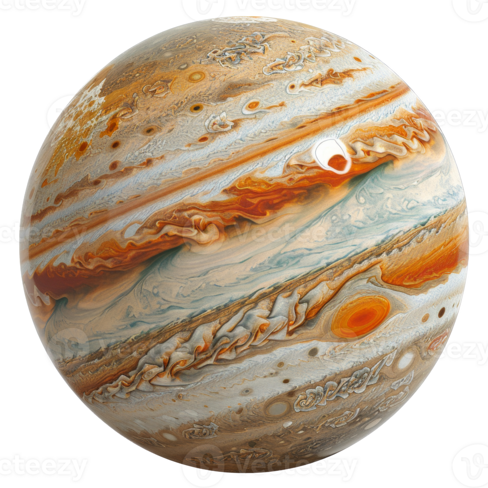 AI generated High-resolution image of planet Jupiter with swirling storms and red spot on transparent background - stock png. png