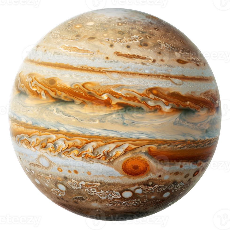 AI generated High-resolution image of planet Jupiter with swirling storms and red spot on transparent background - stock png. png