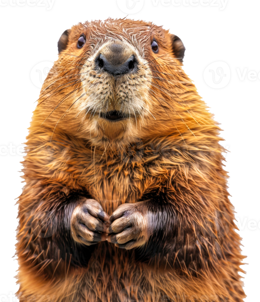AI generated Curious beaver looking forward with paws together on transparent background - stock png. png