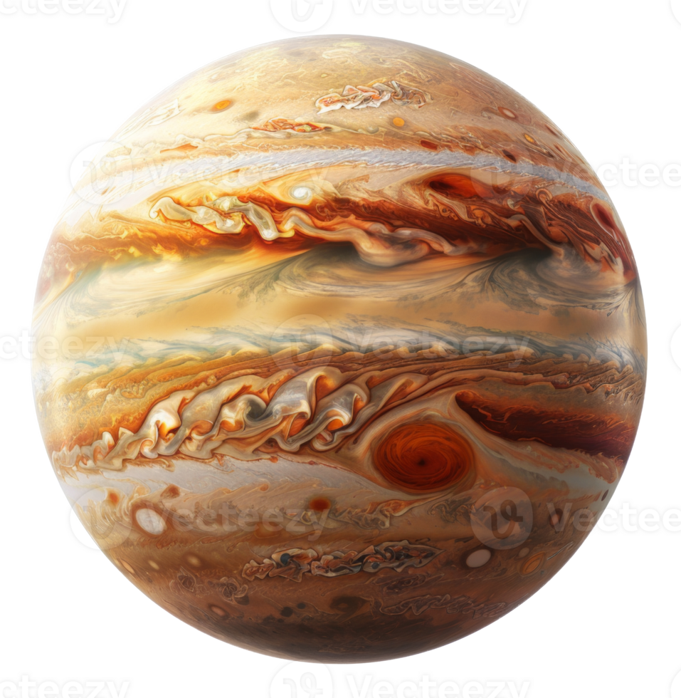 AI generated High-resolution image of planet Jupiter with swirling storms and red spot on transparent background - stock png. png