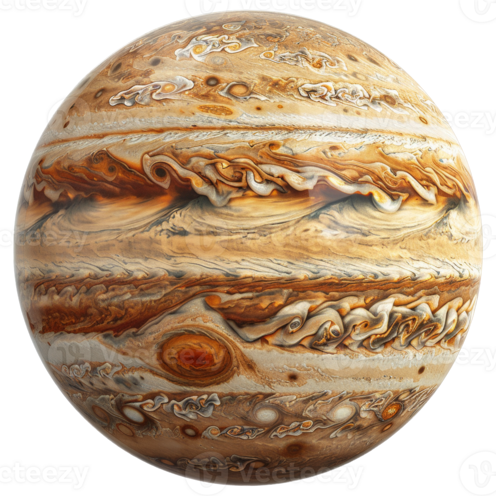 AI generated High-resolution image of planet Jupiter with swirling storms and red spot on transparent background - stock png. png