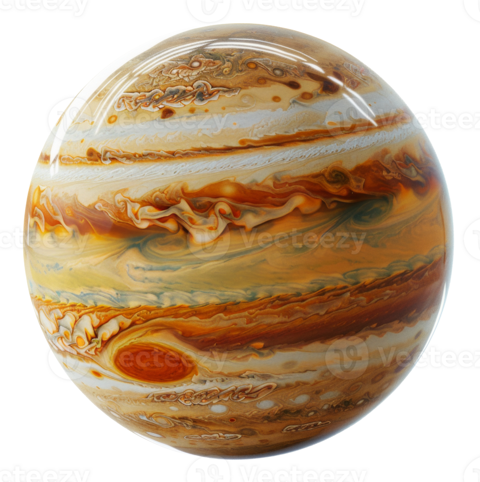 AI generated High-resolution image of planet Jupiter with swirling storms and red spot on transparent background - stock png. png