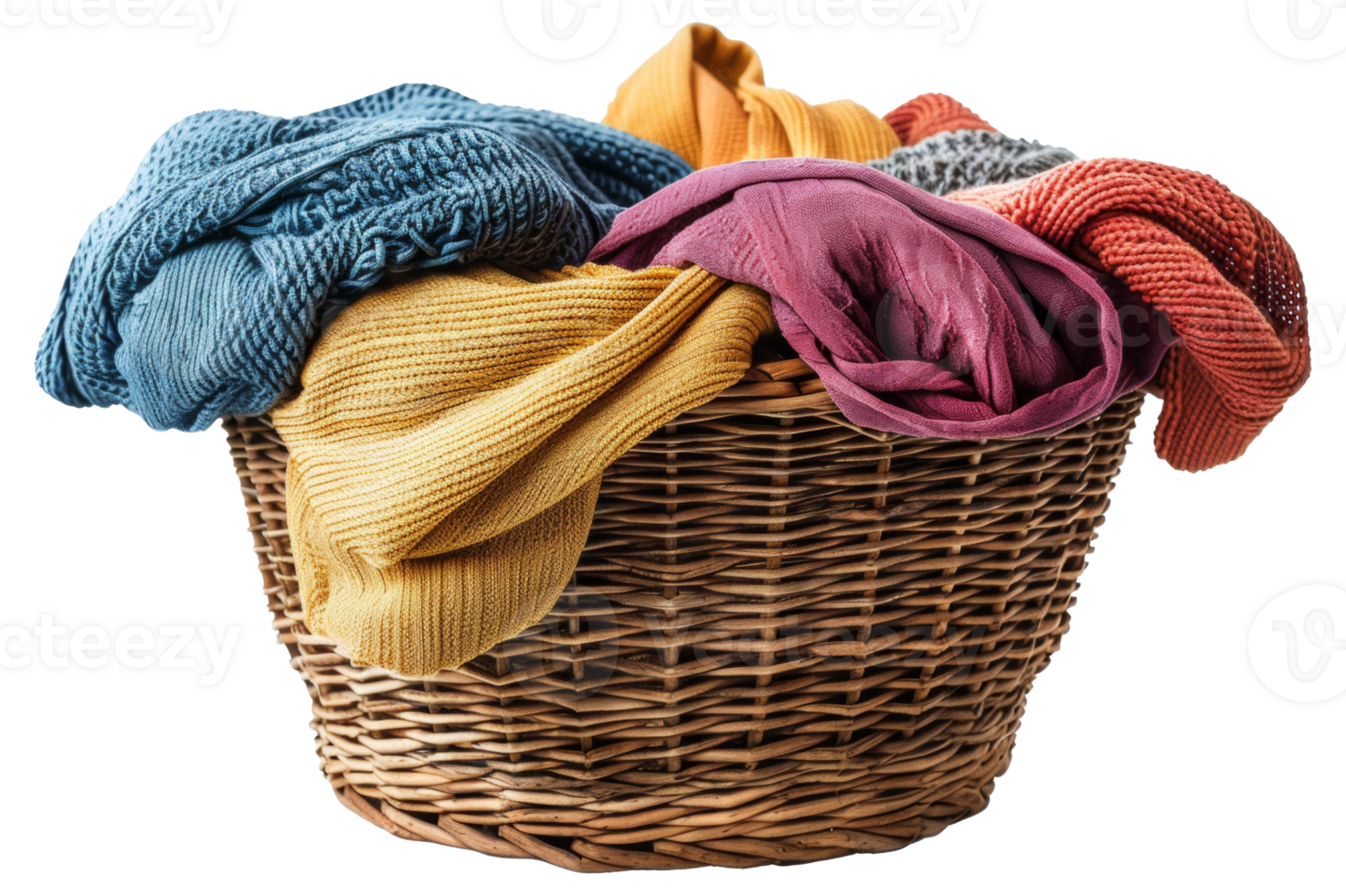 AI generated Colorful laundry in wicker basket on transparent background - stock png. png