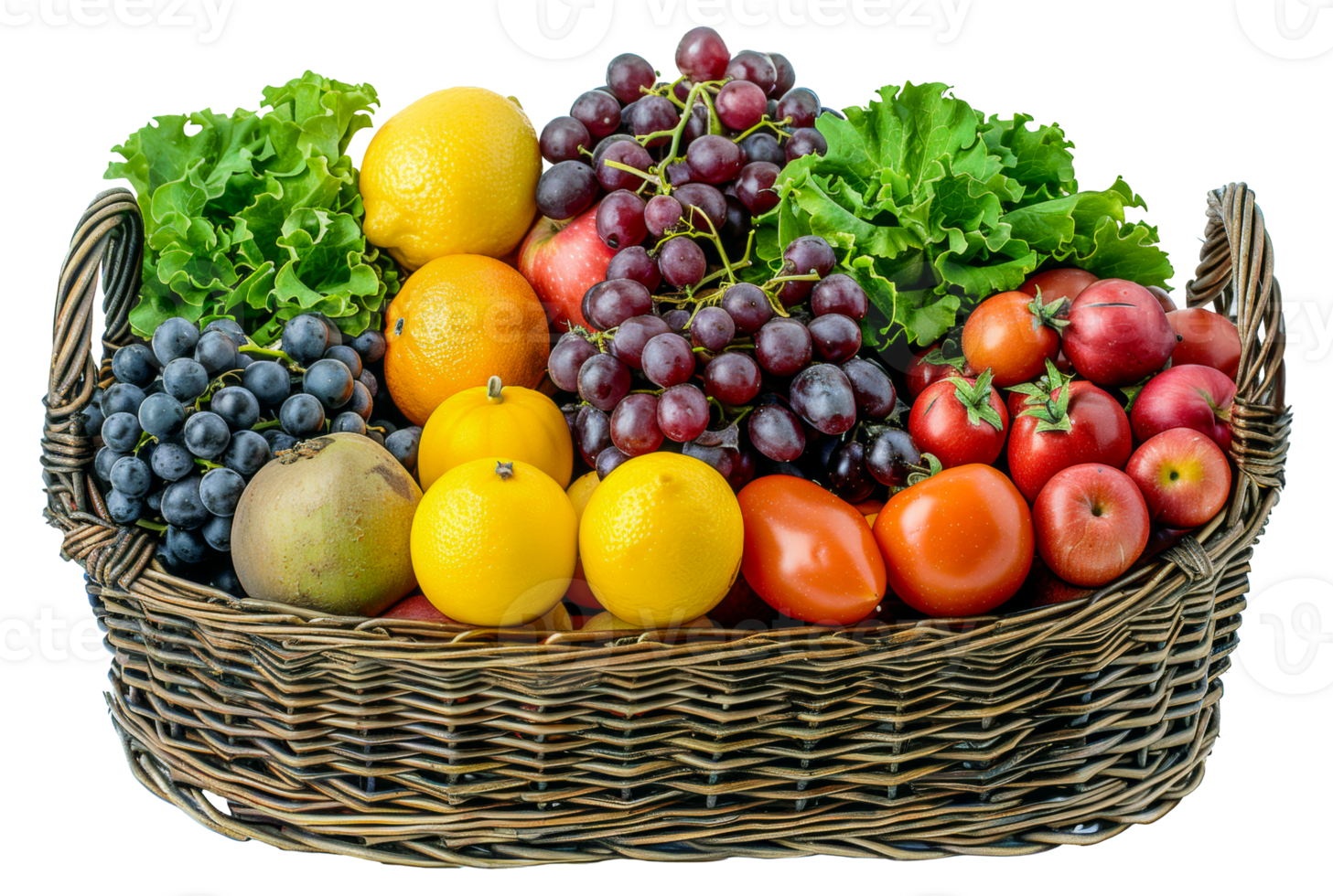 AI generated Wicker basket brimming with colorful vegetables and fruits on transparent background - stock png. png