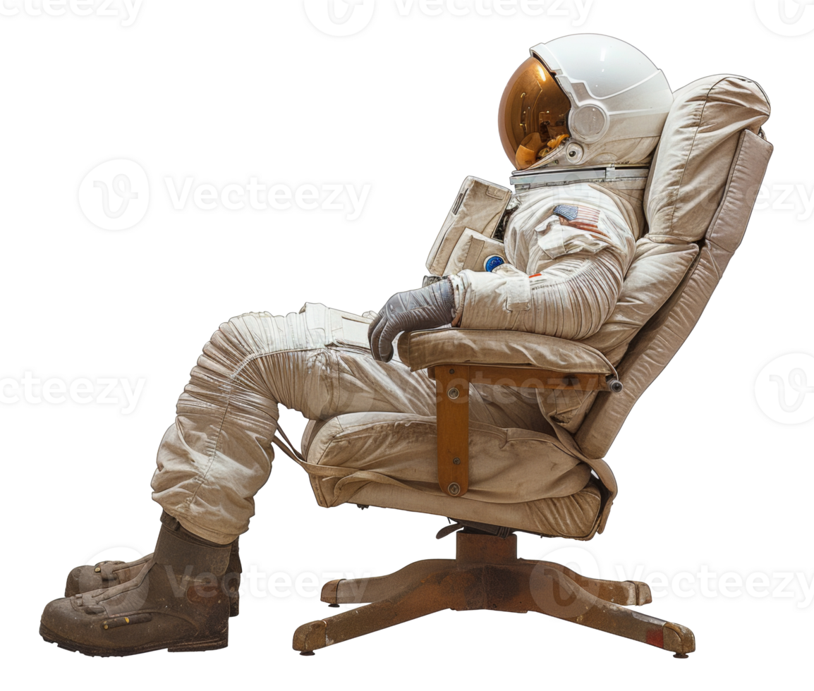 AI generated Astronaut lounging in wooden director's chair on transparent background - stock png. png