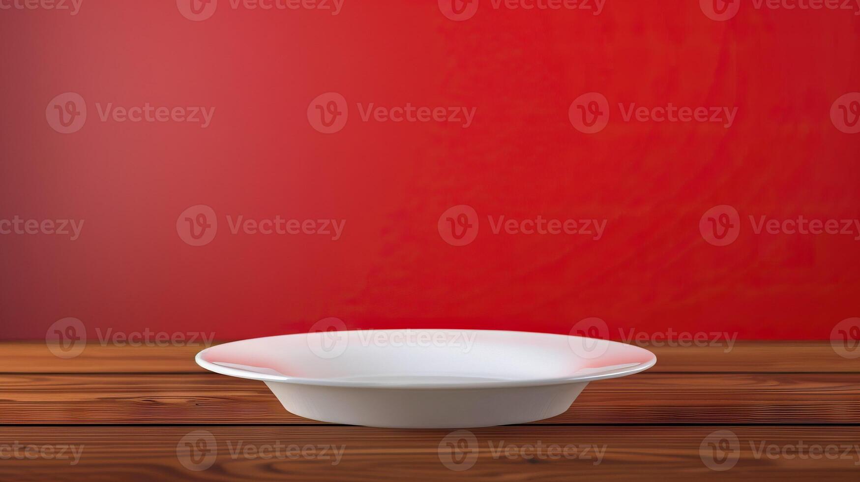 AI generated Empty white plate on wooden table over red grunge background photo