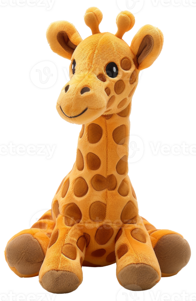 AI generated Giraffe plush toy with long neck and patterned fur on transparent background - stock png. png