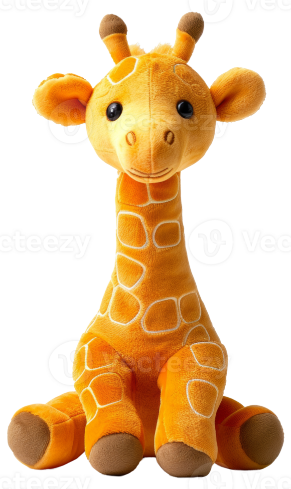 AI generated Giraffe plush toy with long neck and patterned fur on transparent background - stock png. png