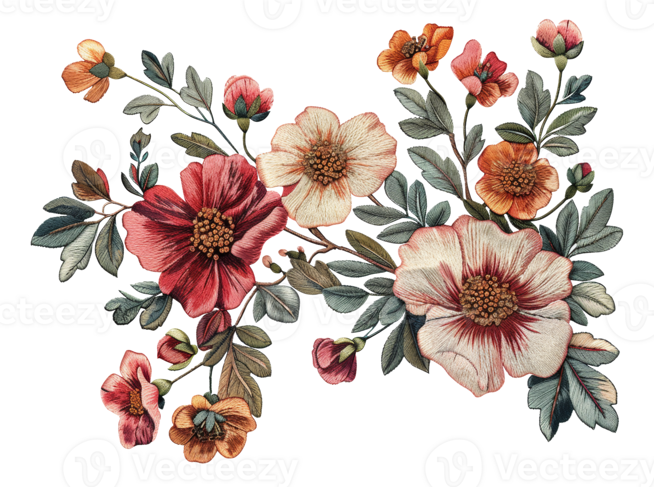 AI generated Exquisite botanical embroidery art with colorful flowers on transparent background - stock png. png
