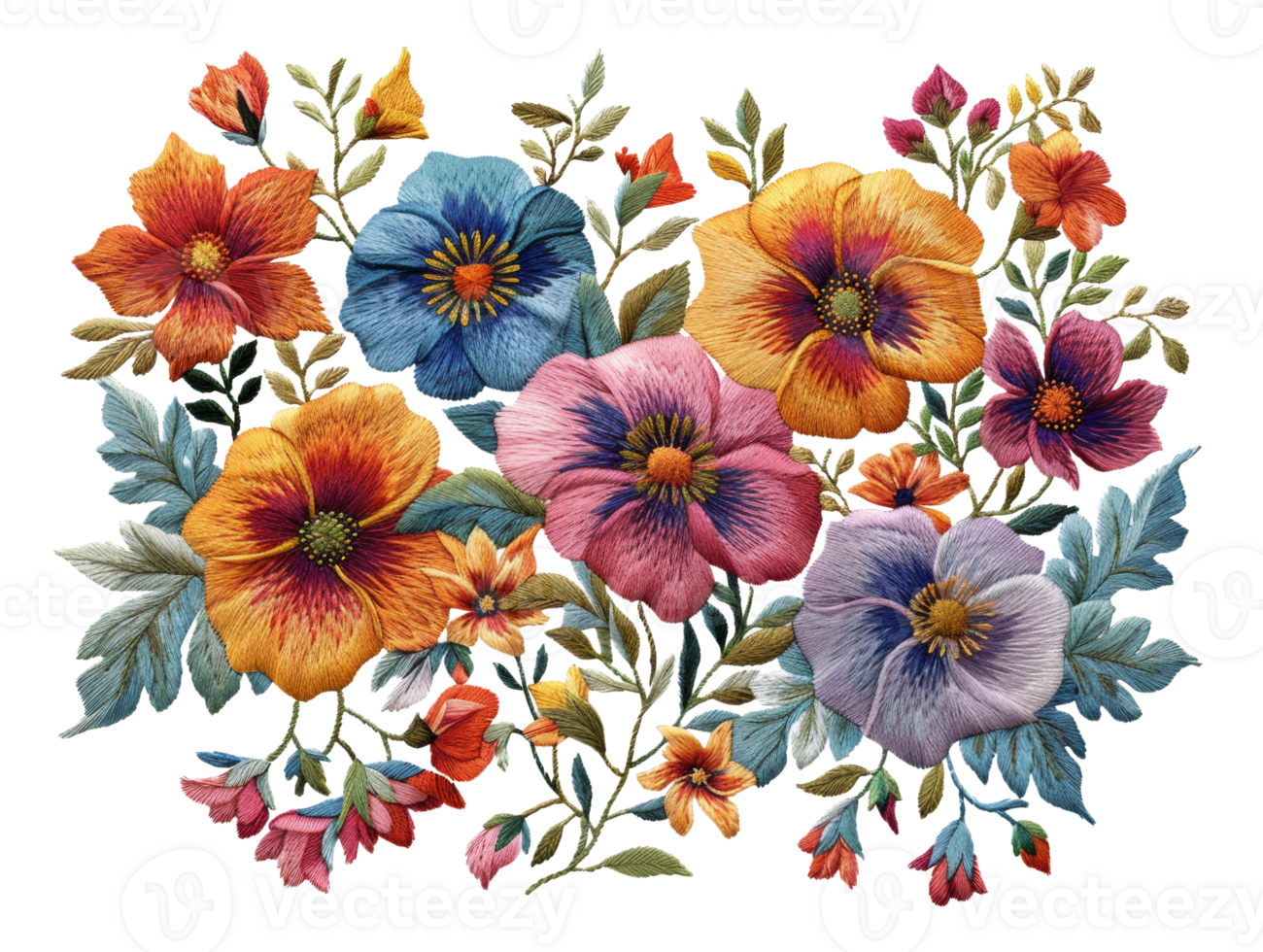 AI generated Elegant embroidered flowers in purple and orange on transparent background - stock png. png