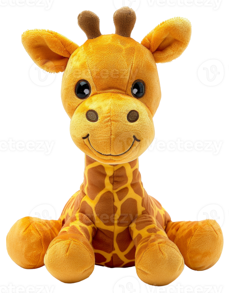 AI generated Giraffe plush toy with long neck and patterned fur on transparent background - stock png. png