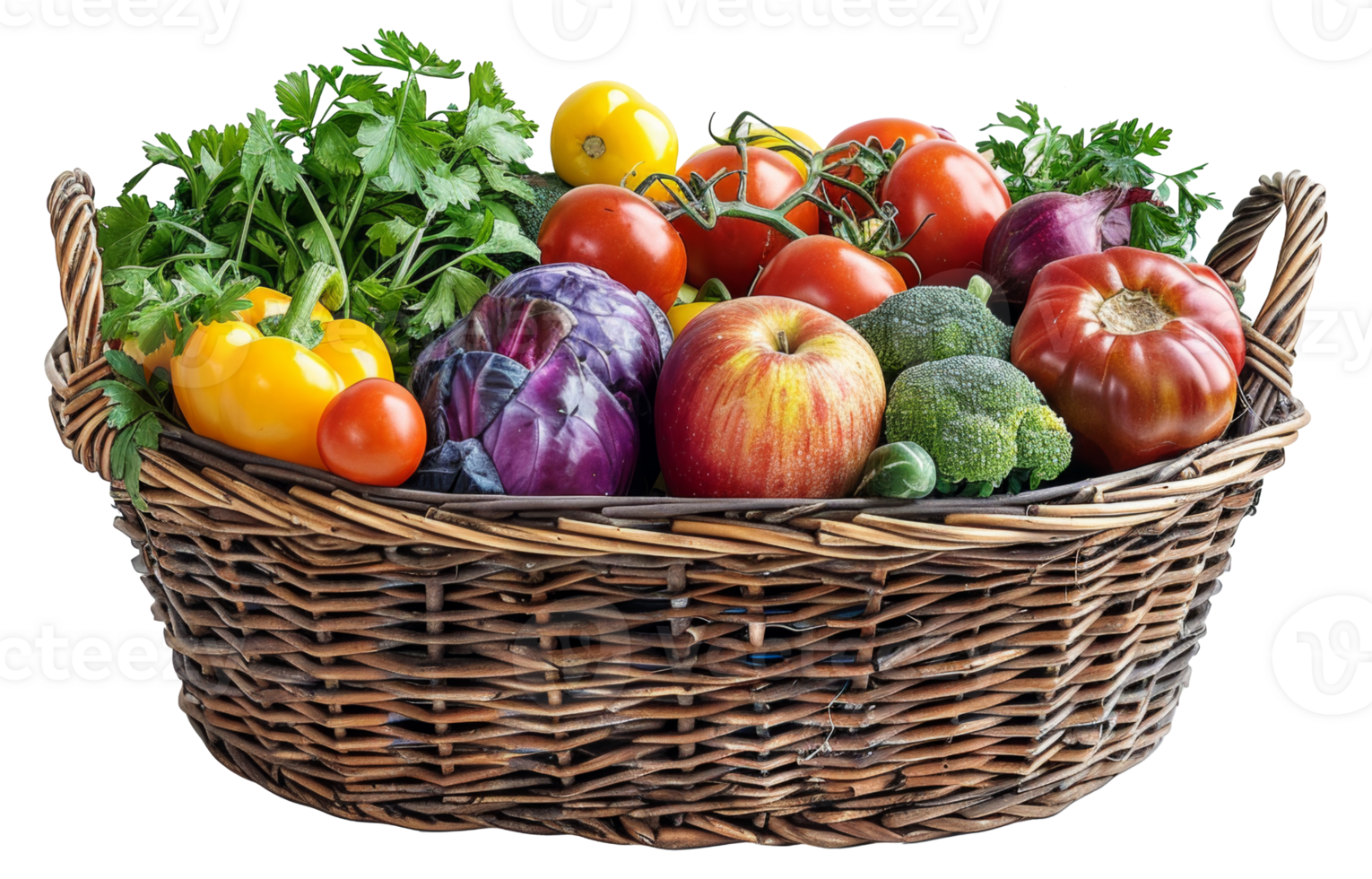 AI generated Wicker basket brimming with colorful vegetables and fruits on transparent background - stock png. png