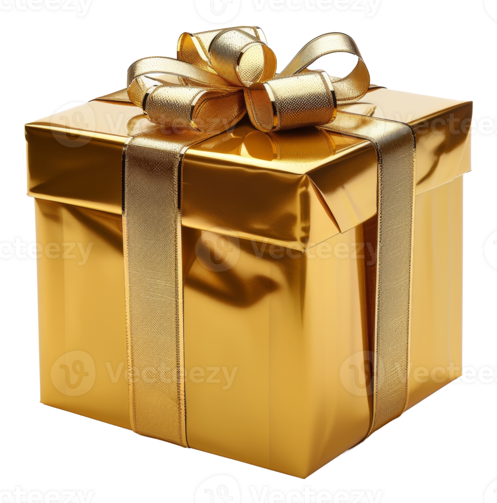 AI generated Golden gift box with shimmering ribbon on transparent background - stock png. png