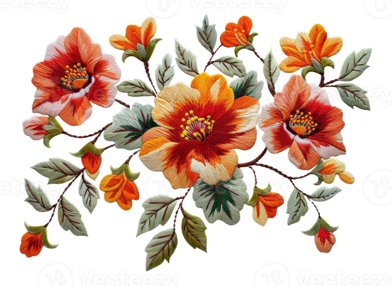 AI generated Vibrant floral embroidery art with orange blooms on transparent background - stock png. png