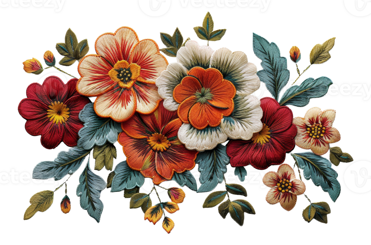 AI generated Exquisite botanical embroidery art with colorful flowers on transparent background - stock png. png