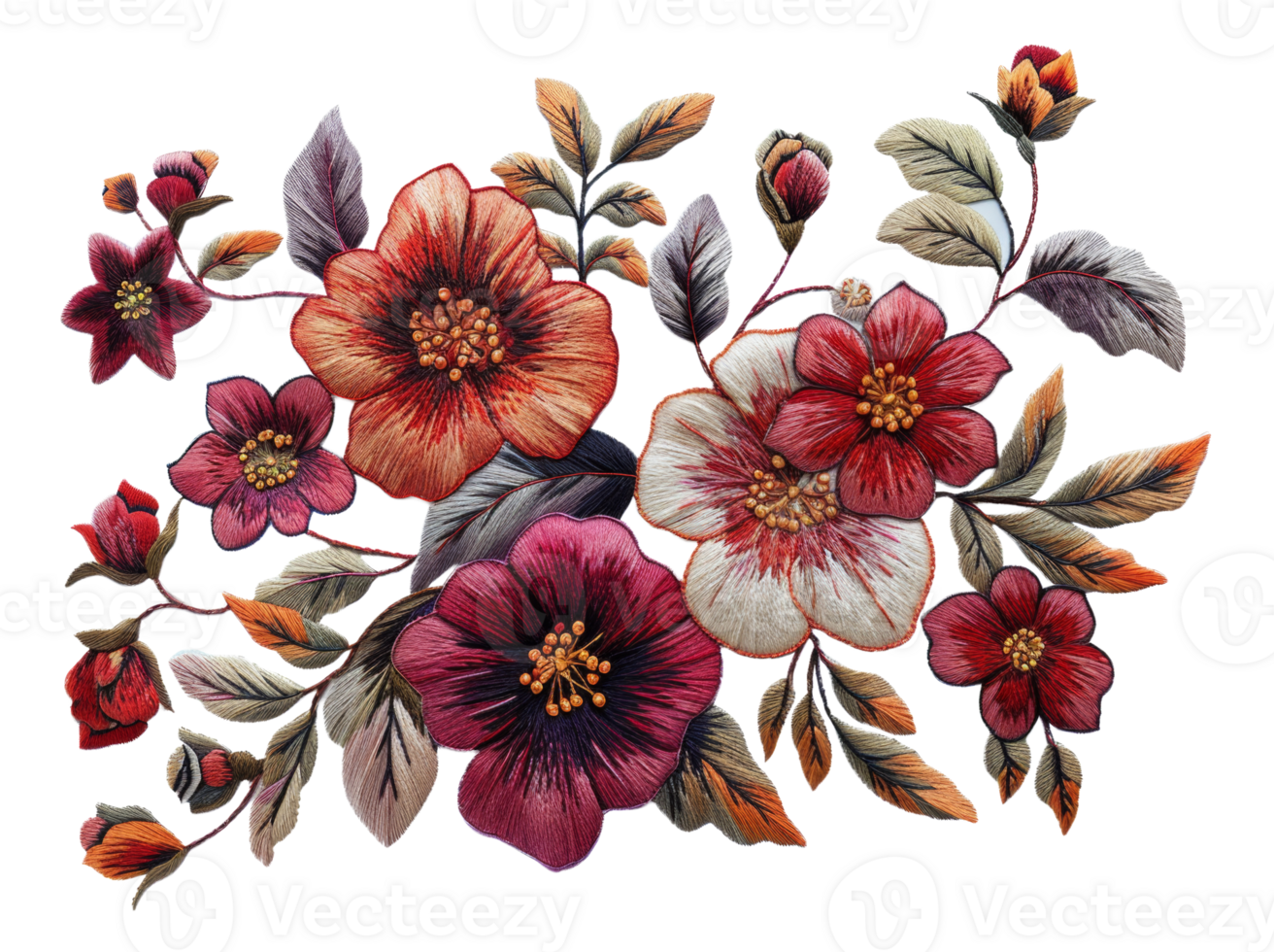 AI generated Exquisite botanical embroidery art with colorful flowers on transparent background - stock png. png
