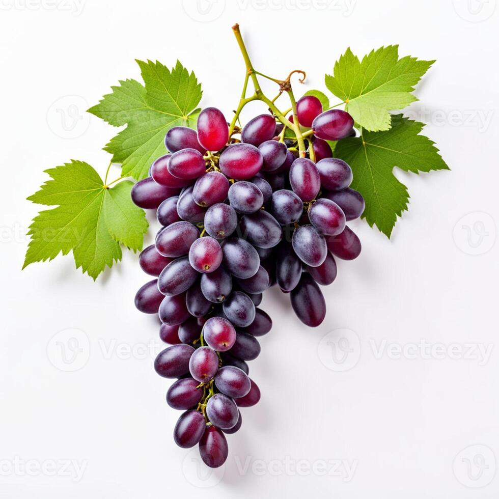 AI generated a bunch of fresh ripe juicy organic red grapes with green leaves isolated on white background photo