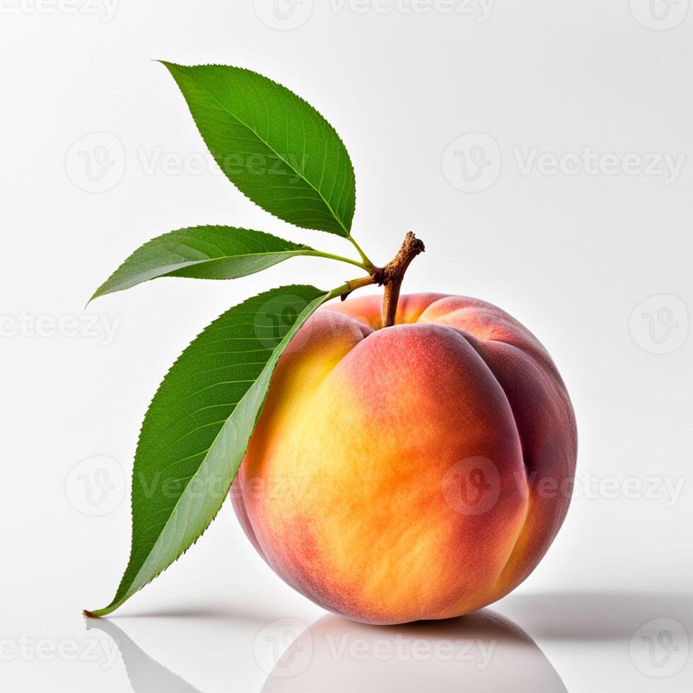 AI generated a peach with a leaf on it is on a white background photo