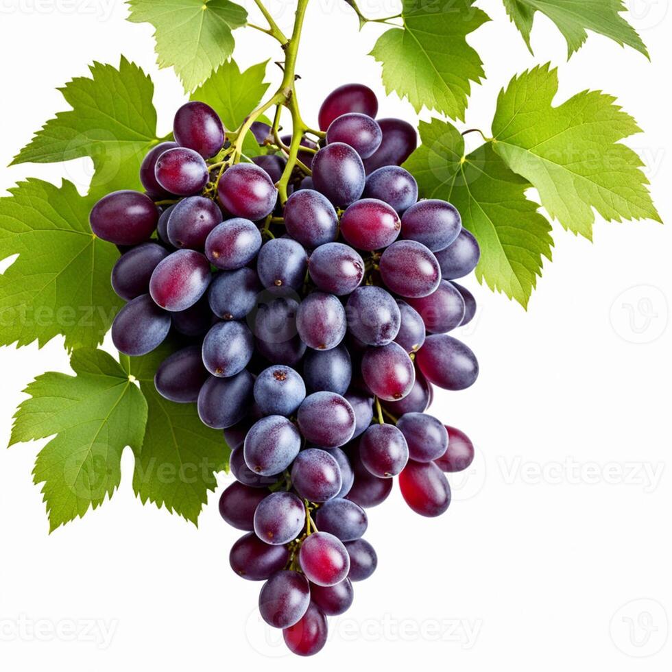 AI generated a bunch of fresh ripe juicy organic red grapes with green leaves isolated on white background photo