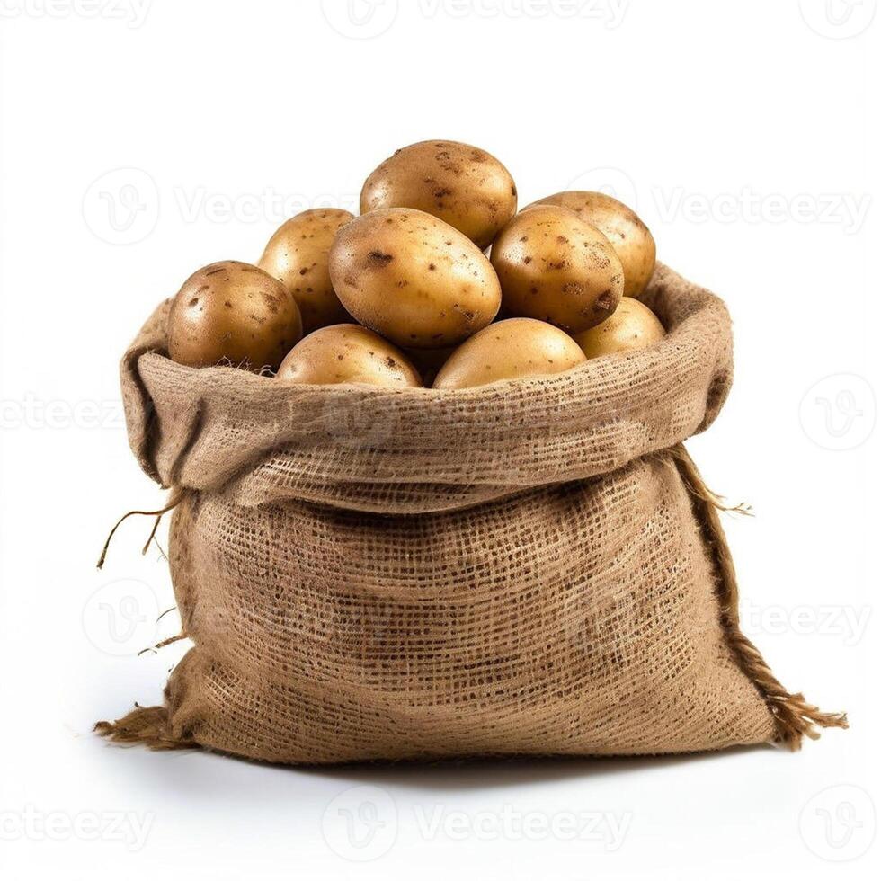 AI generated new potatoes in sackcloth bag isolated on white background photo