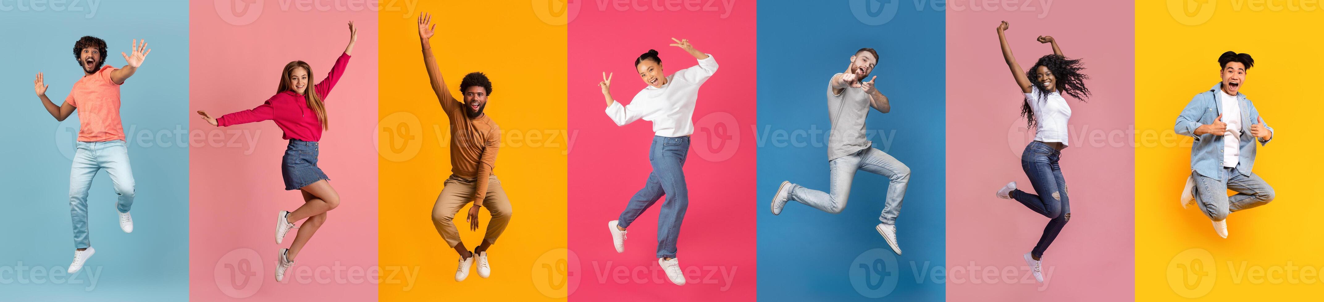 Group of energetic young people leap in the air, expressing happiness photo