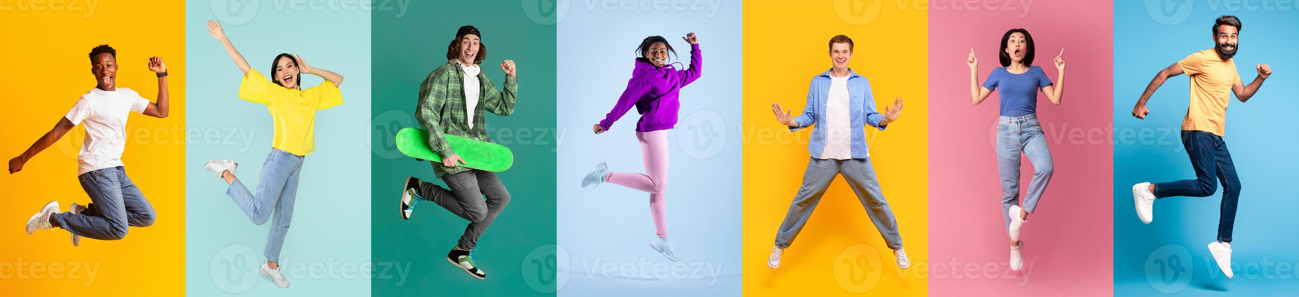 Active energetic young men and women jumping over colorful studio backgrounds photo