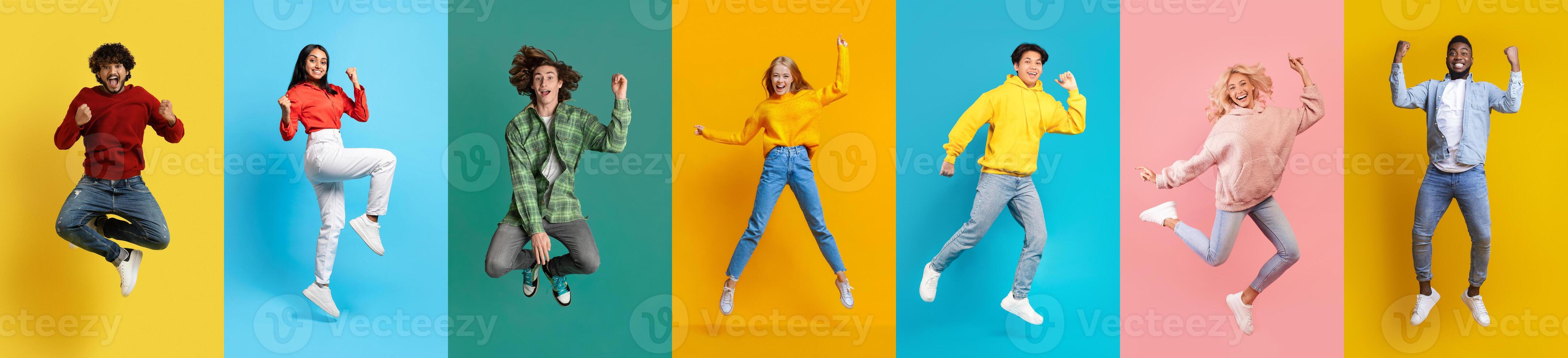 Set Of Photos With Positive Young People Jumping Against Colorful Backgrounds