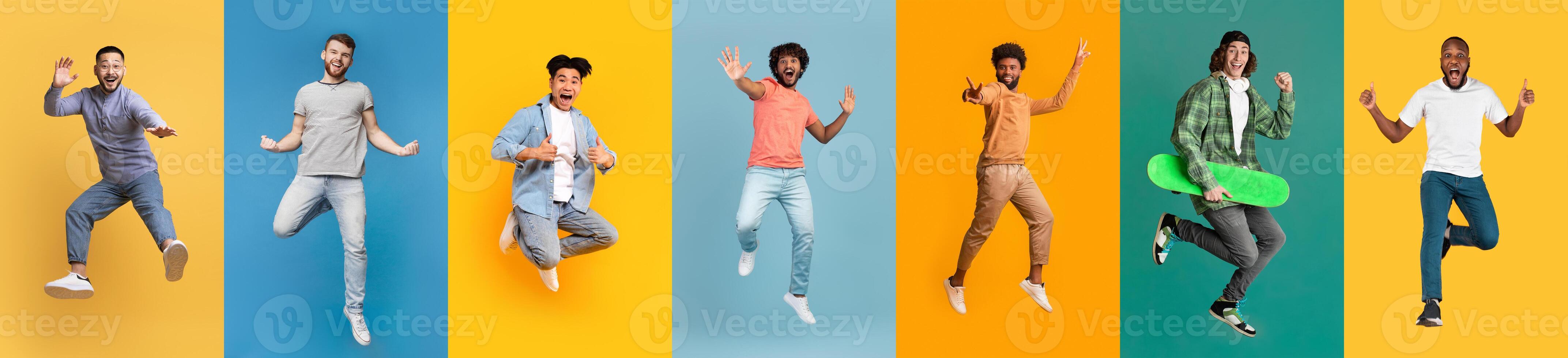 Collection of positive multiracial young men jumping on colorful studio backgrounds photo