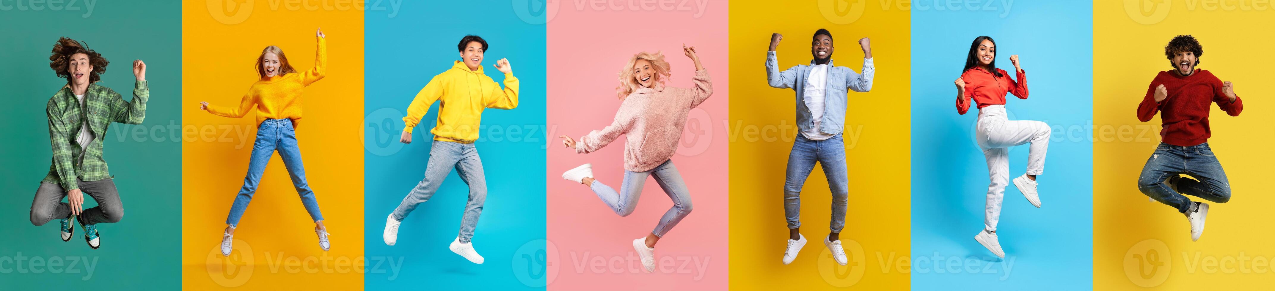 Group Of Happy Multiethnic People Celebrating Success And Jumping On Colorful Backgrounds photo