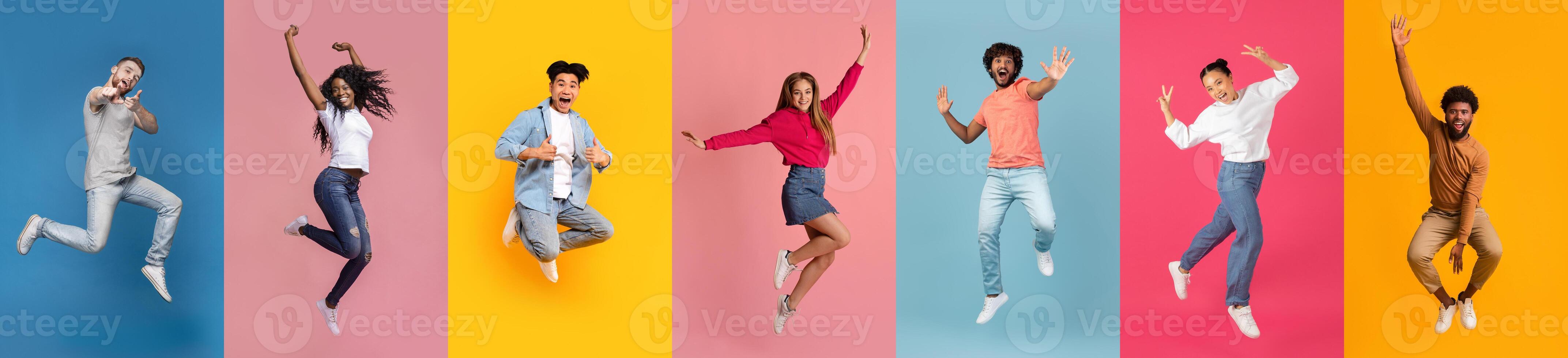 Multiethnic young people wearing casual clothes having fun on colorful studio backgrounds photo