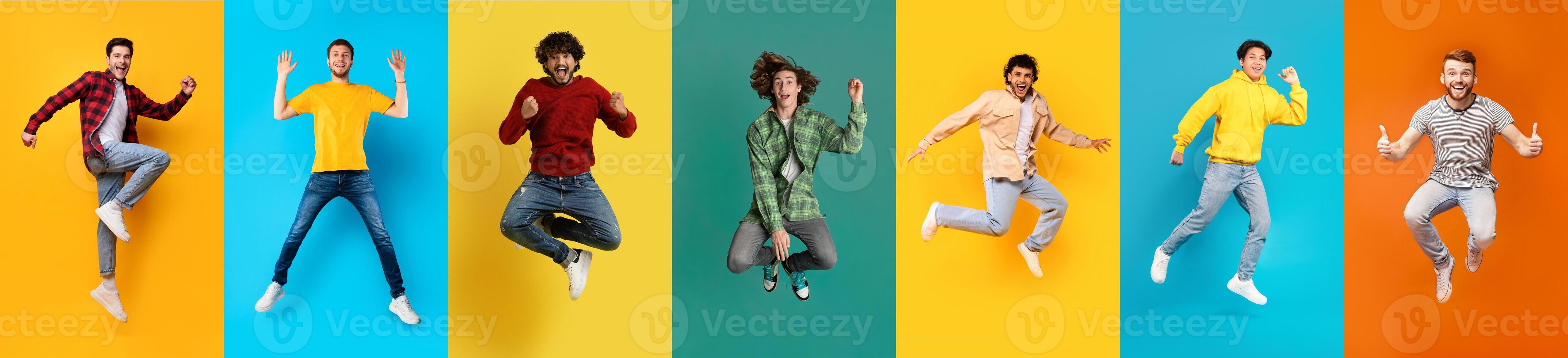 Group Of Overjoyed Young Men Jumping Mid Air Against Colorful Studio Backgrounds photo