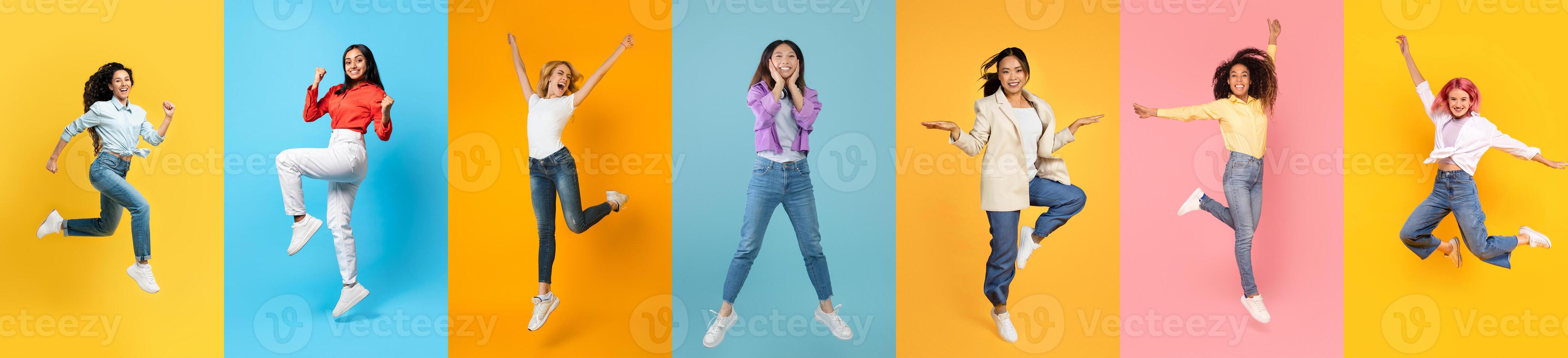 Diverse Overjoyed Women Jumping In Air Against Colorful Studio Backgrounds photo