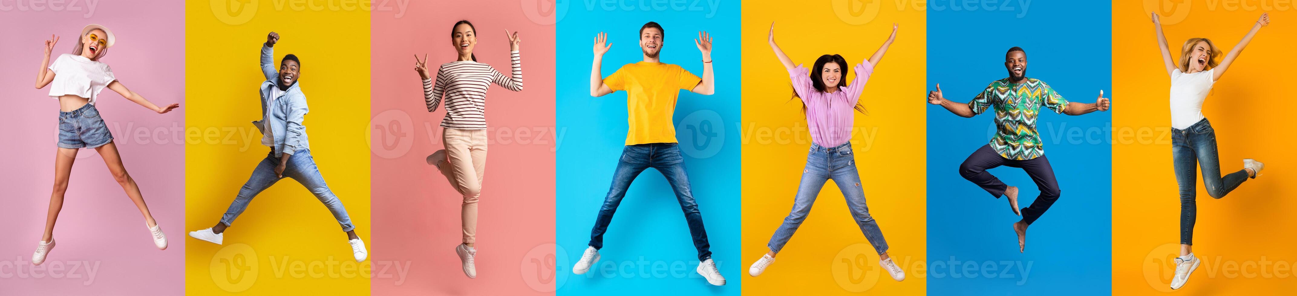 Happy Day. Group Of Cheerful Multiethnic People Jumping On Colorful Backgrounds photo