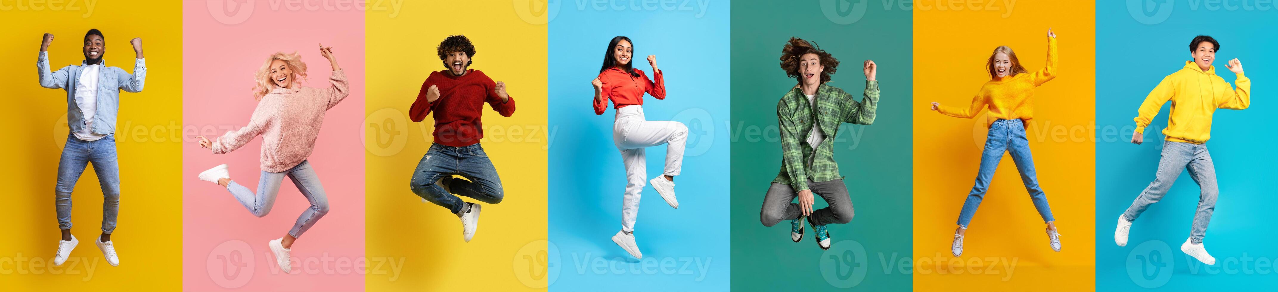 Collage with positive multiracial young people jumping on colorful studio backgrounds photo