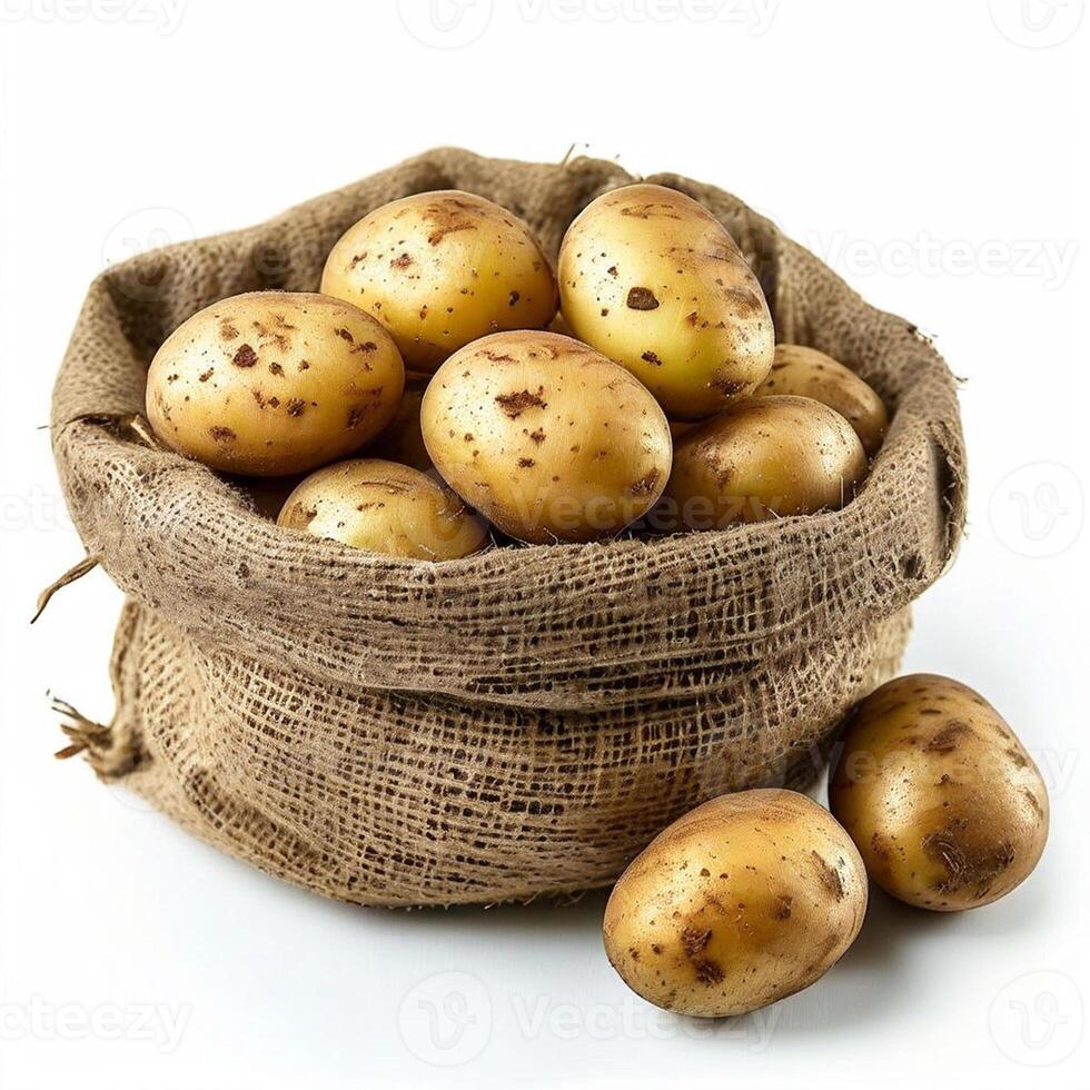 AI generated new potatoes in sackcloth bag isolated on white background photo